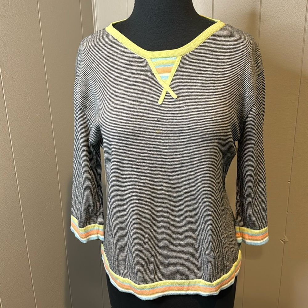 Cousin Johnny black/white stripe contrast pastel stripe knit top. Large.
